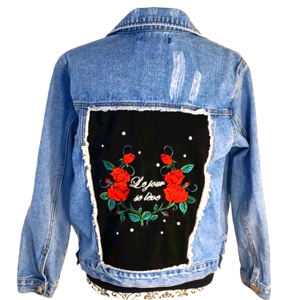Forever 21 -  Rose Embroidered Oversized French Jean Jacket